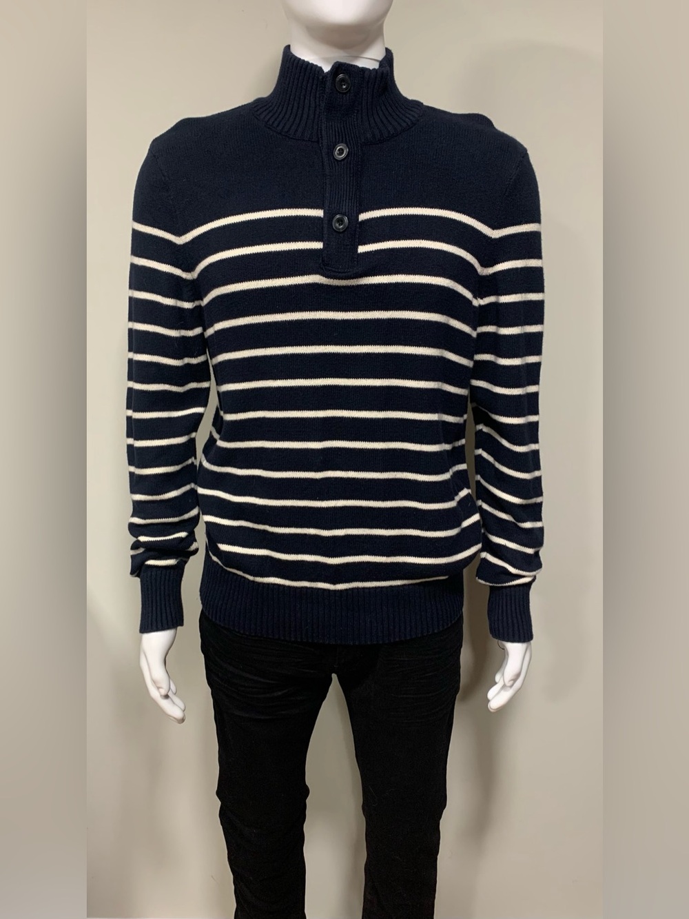 American Eagle Men's LG Striped Mock Neck Quarter Zip Button Sweater Navy Preppy